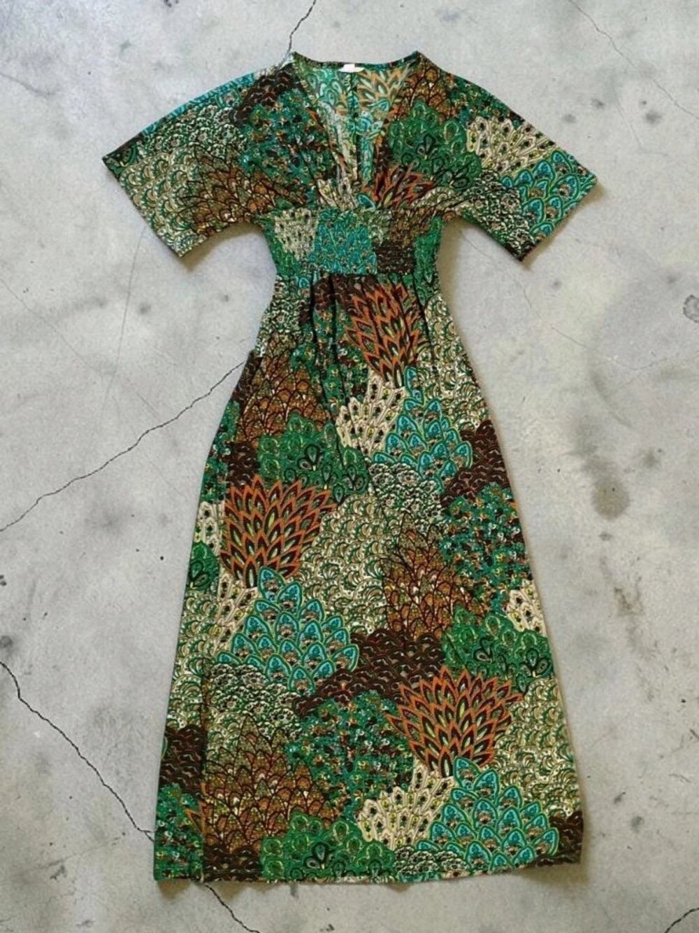 5th & Love Strapless Maxi Dress Medium Green Leaf Feather Design Short Sleeve